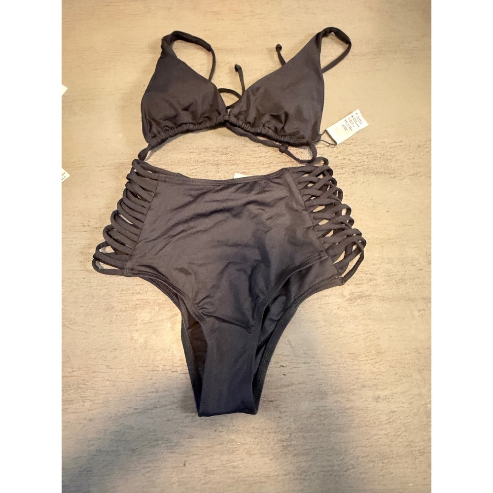 L*Space Black High Waisted Strappy Bikini Set XS Triangle Top Lattice Bottoms